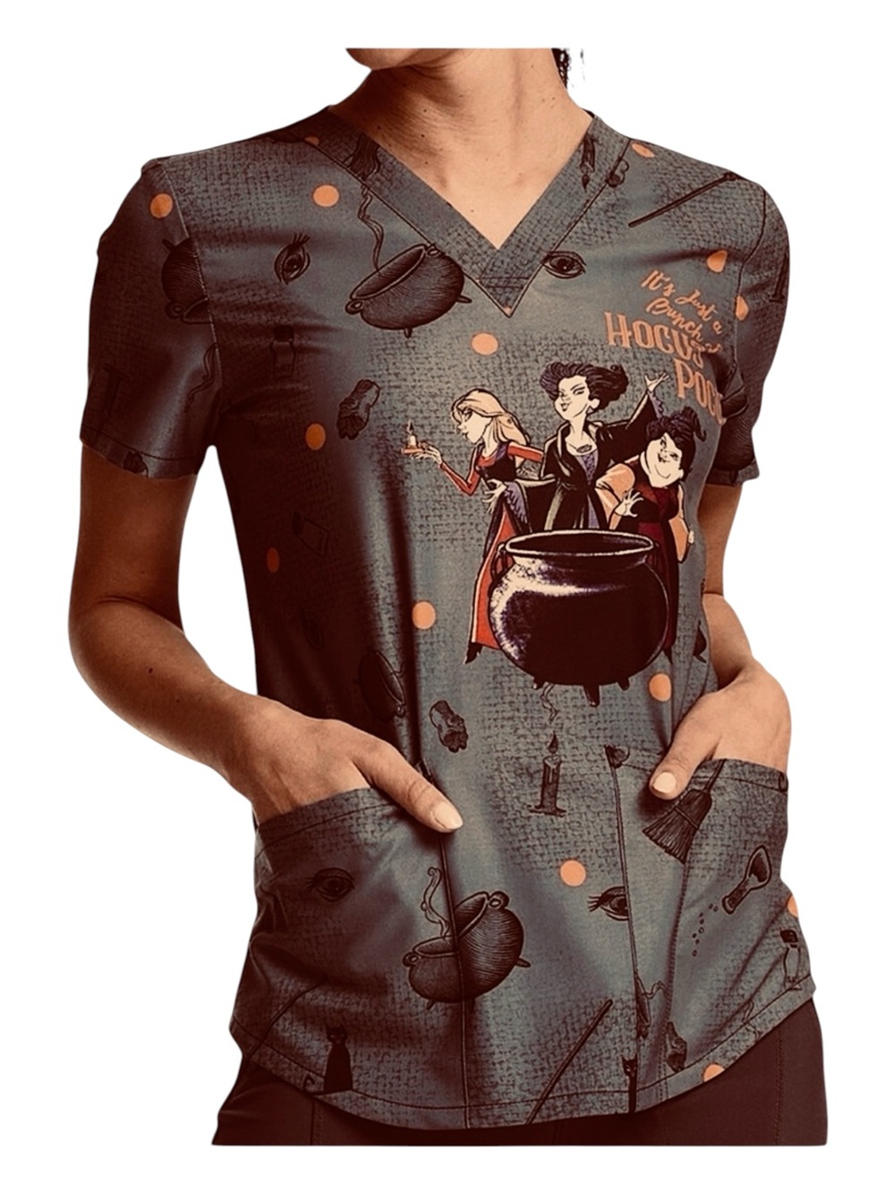 HOCUS POCUS CHEROKEE SCRUBS TOONIFORMS DISNEY V NECK TOP SZ LG EUC
